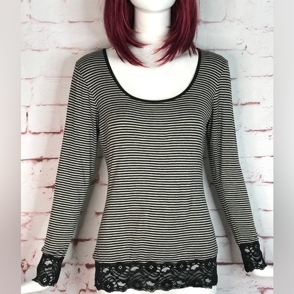 Max Studio Tops - MAX STUDIO Black + Grey Stripe Black Lace Cuff + Hem long sleeve knit top SMALL